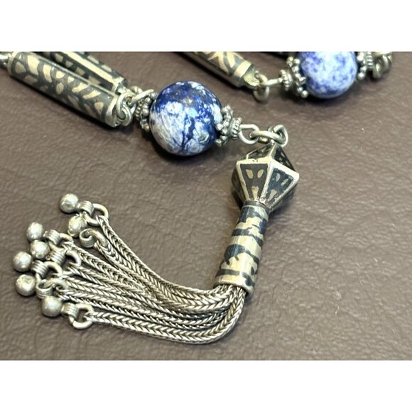 800 & 925 Silver Sodalite Prayer? Tassel Foxtail Chain Bali Beads Necklace 27” - Picture 4 of 12